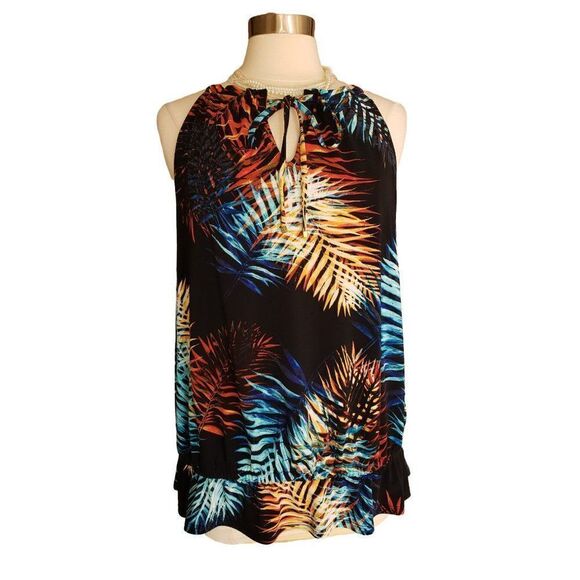 Women's Halter Blouse Tropical Key Hole Ruffle Dressy Sleeveless Blouson XL NWOT - Picture 1 of 8